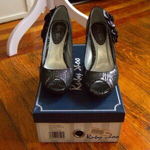 NWT / NWB - Ruby Shoo Pewter Donna Glitter Peep Toe Heels